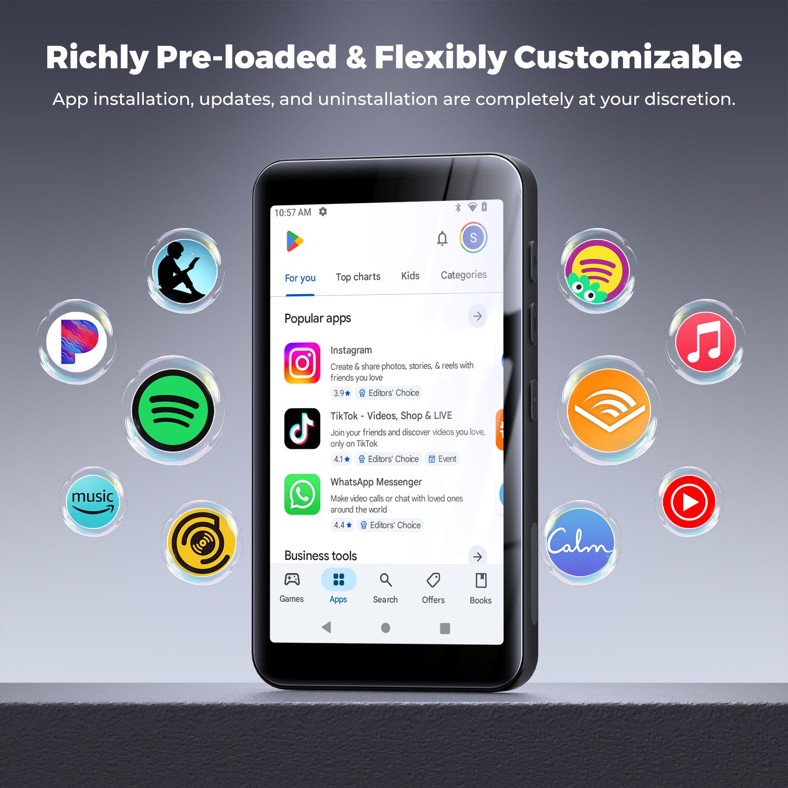 160GB innioasis MP3 Player with Bluetooth and WiFi, MP3 Player with Spotify, Spotify Kids, Pandora, Play Store, Parental Manager App, Calm, 4" HD Full Touch Screen MP4 Music Player for Kids